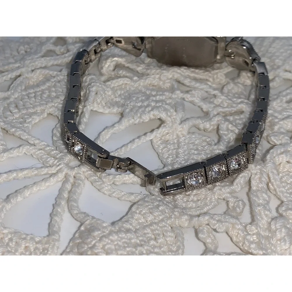 Vintage Silver Tone Crystal Square Face Cocktail Watch Japan Movt Art Deco Style